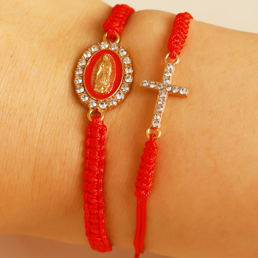 Christianartworkshop Dual Braided Cord Bracelet Set with Zircon-Encrusted Cross & Rhinestone Halo Our Lady Medal - Red - image 2