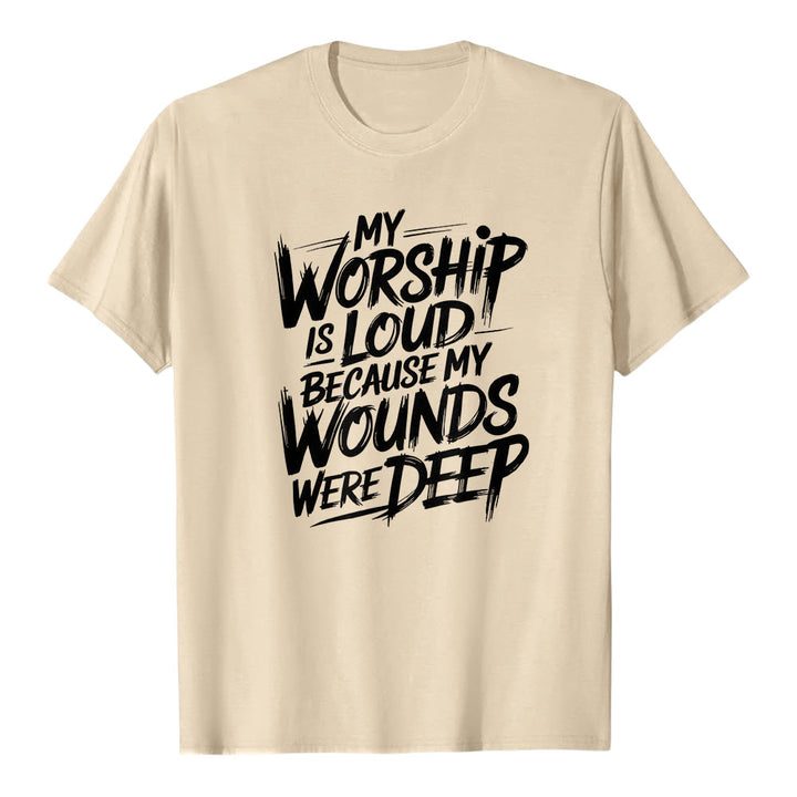Christianartworkshop "My Worship Is Loud Because My Wounds Were Deep" Bold Typography Faith Premium Short Sleeve T-Shirt - Beige - 2XL - image 4