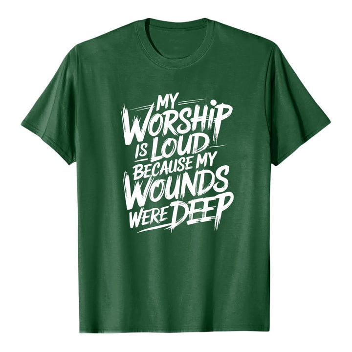 Christianartworkshop "My Worship Is Loud Because My Wounds Were Deep" Bold Typography Faith Premium Short Sleeve T-Shirt - Dark Green - 2XL - image 7
