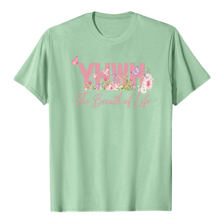 Christianartworkshop Pastel Floral & Butterfly "YHWH" Premium Short Sleeve T-Shirt - Light Green - 2XL - image 6