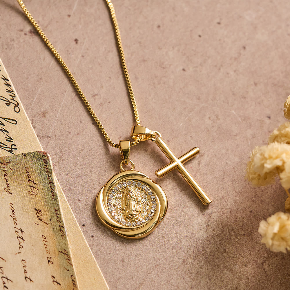 Christianartworkshop Double Pendant Necklace with Zircon-Encircled Our Lady Medallion & Polished Cross Charm - image 3