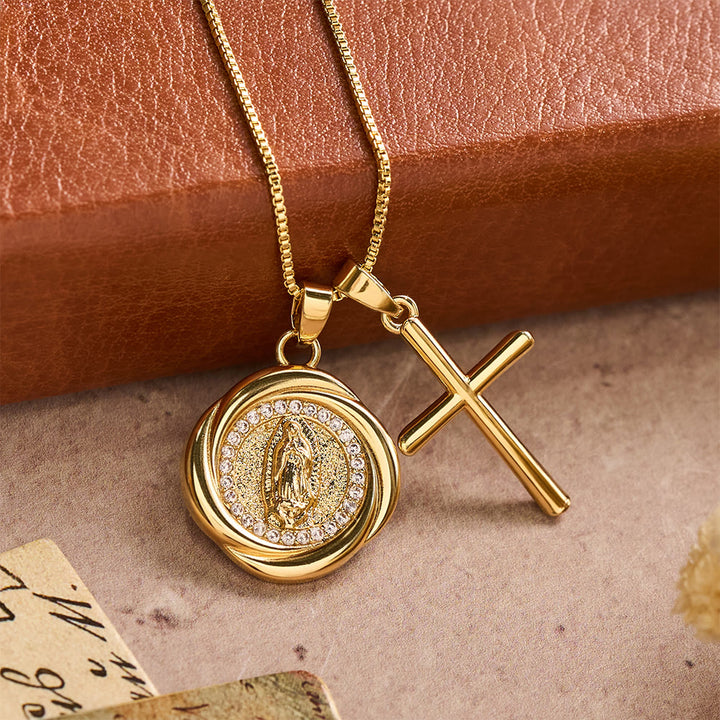 Christianartworkshop Double Pendant Necklace with Zircon-Encircled Our Lady Medallion & Polished Cross Charm - image 4