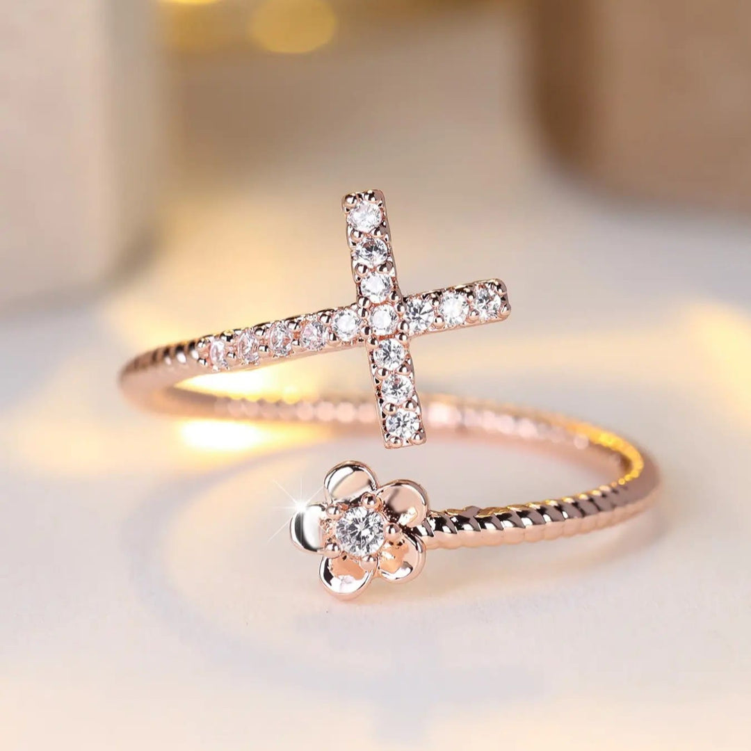 Christianartworkshop Open Cuff Ring with Pave Zircon Cross and Flower Zircon Accent: A Symbol of Tender Grace & Steadfast Sacred Faith - image 6
