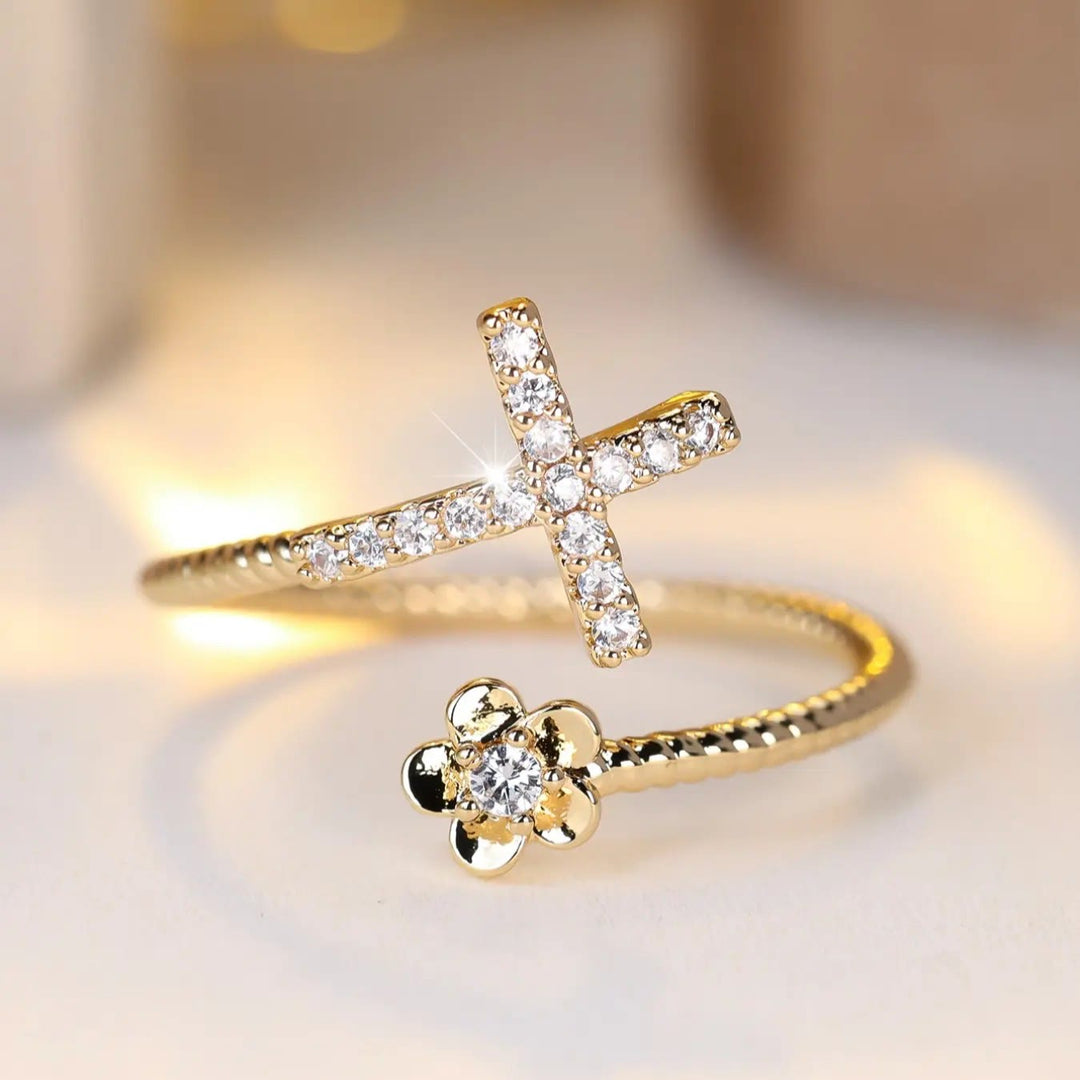 Christianartworkshop Open Cuff Ring with Pave Zircon Cross and Flower Zircon Accent: A Symbol of Tender Grace & Steadfast Sacred Faith - image 7