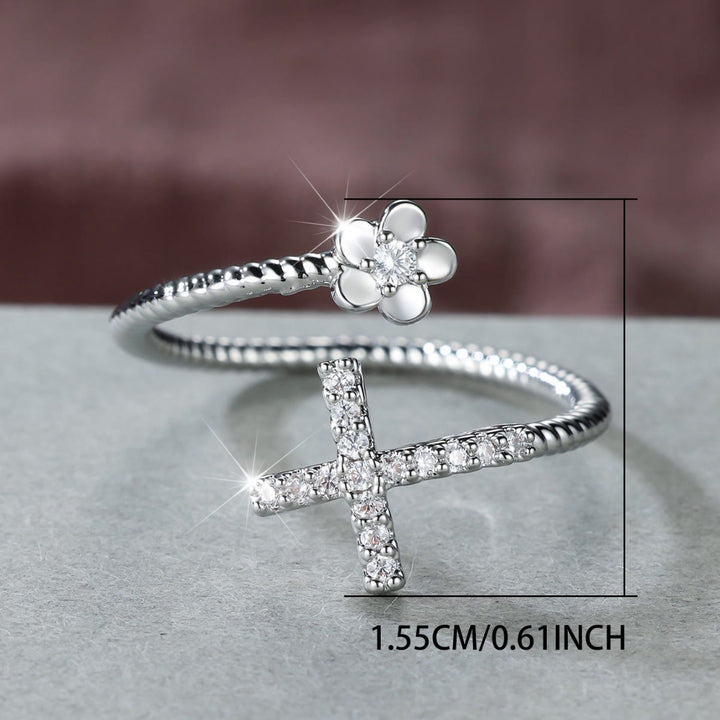 Christianartworkshop Open Cuff Ring with Pave Zircon Cross and Flower Zircon Accent: A Symbol of Tender Grace & Steadfast Sacred Faith - image 8