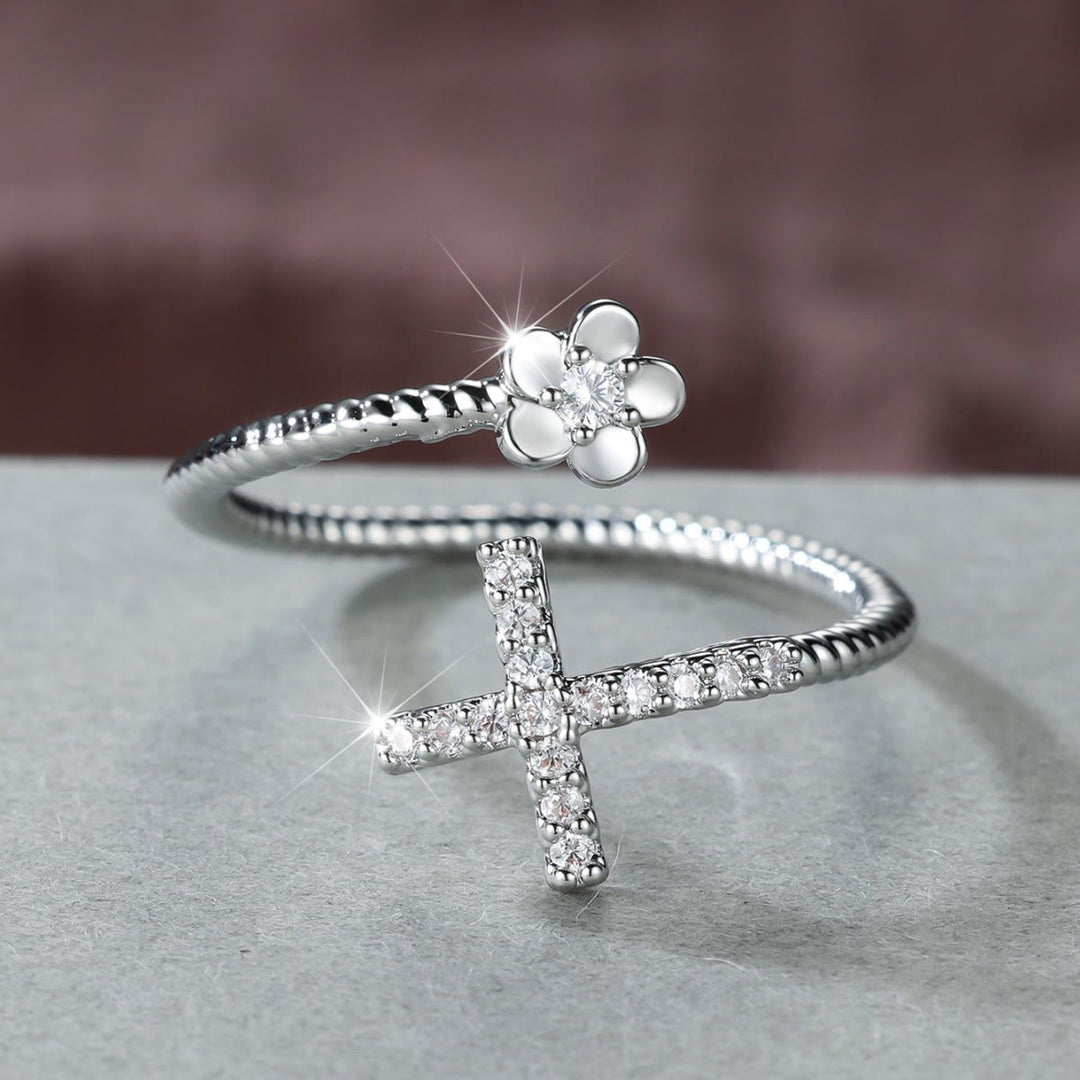 Christianartworkshop Open Cuff Ring with Pave Zircon Cross and Flower Zircon Accent: A Symbol of Tender Grace & Steadfast Sacred Faith - image 12
