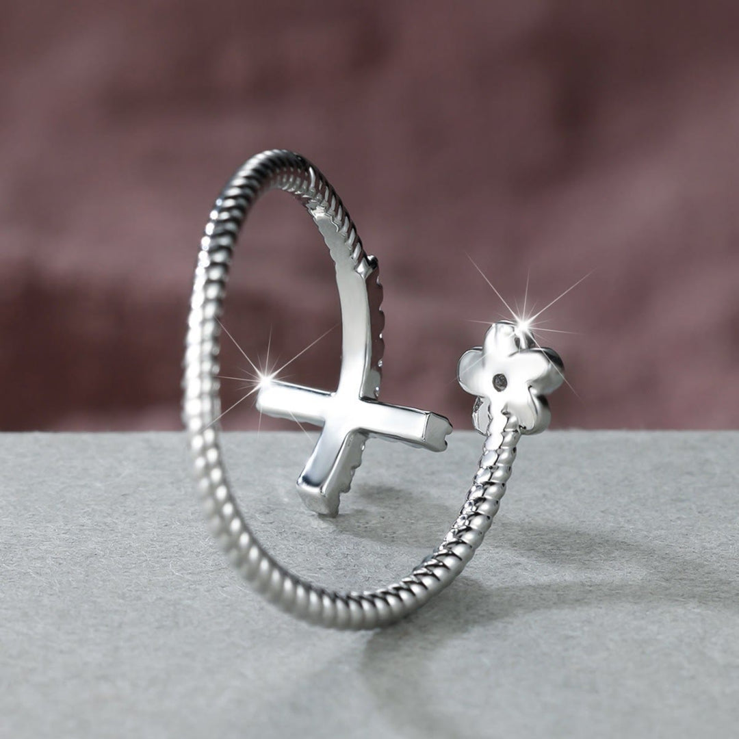Christianartworkshop Open Cuff Ring with Pave Zircon Cross and Flower Zircon Accent: A Symbol of Tender Grace & Steadfast Sacred Faith - image 10