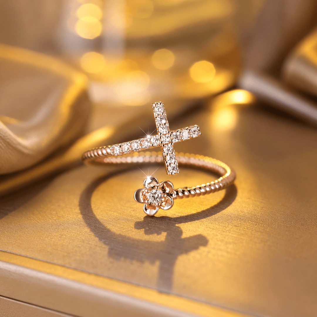 Christianartworkshop Open Cuff Ring with Pave Zircon Cross and Flower Zircon Accent: A Symbol of Tender Grace & Steadfast Sacred Faith - Rosegold(Suitable for US 5-9) - image 0