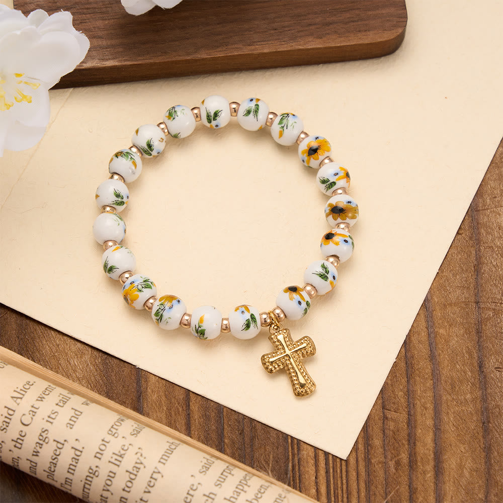 Christianartworkshop 4-Style Floral Ceramic Bead Stretch Bracelet with Gold-Tone Cross Charm: A Symbol of Gentle Heavenly Grace - Yellow - image 4
