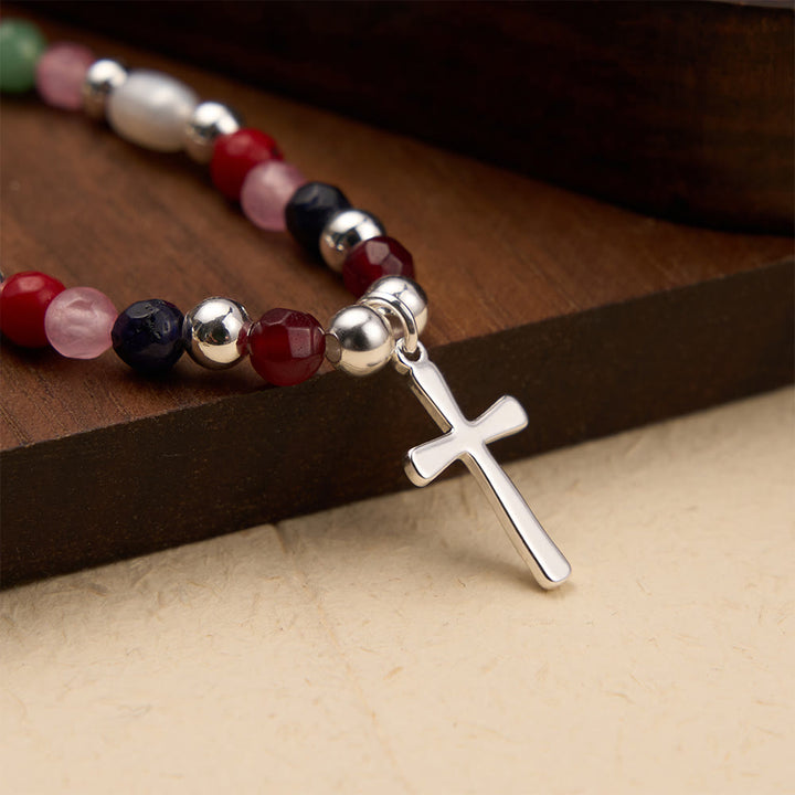 Christianartworkshop Colorful Beaded Necklace with Simple Cross Pendant: A Symbol of Vibrant Sacred Grace & Steadfast Faith - Silver - image 3