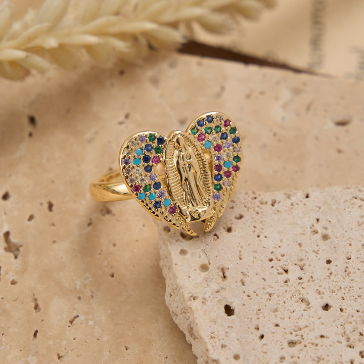 Christianartworkshop Adjustable Open Ring with Colorful Zircon Halo Our Lady of Guadalupe Charm: A Symbol of Tender Maternal Grace - image 3