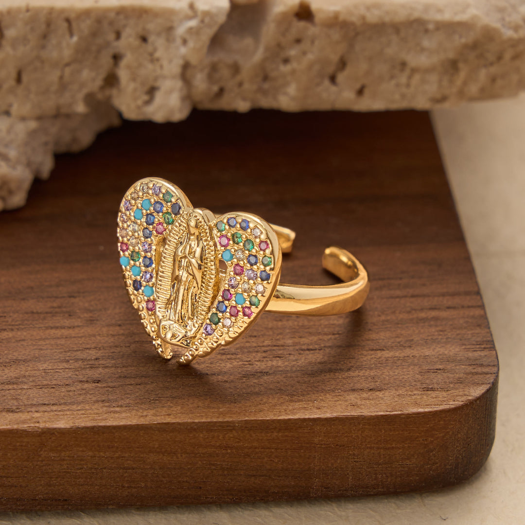 Christianartworkshop Adjustable Open Ring with Colorful Zircon Halo Our Lady of Guadalupe Charm: A Symbol of Tender Maternal Grace - image 4