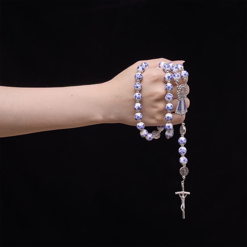 Christianartworkshop Blue & White Floral Ceramic Rosary with St. Benedict Medals & Our Lady - image 1