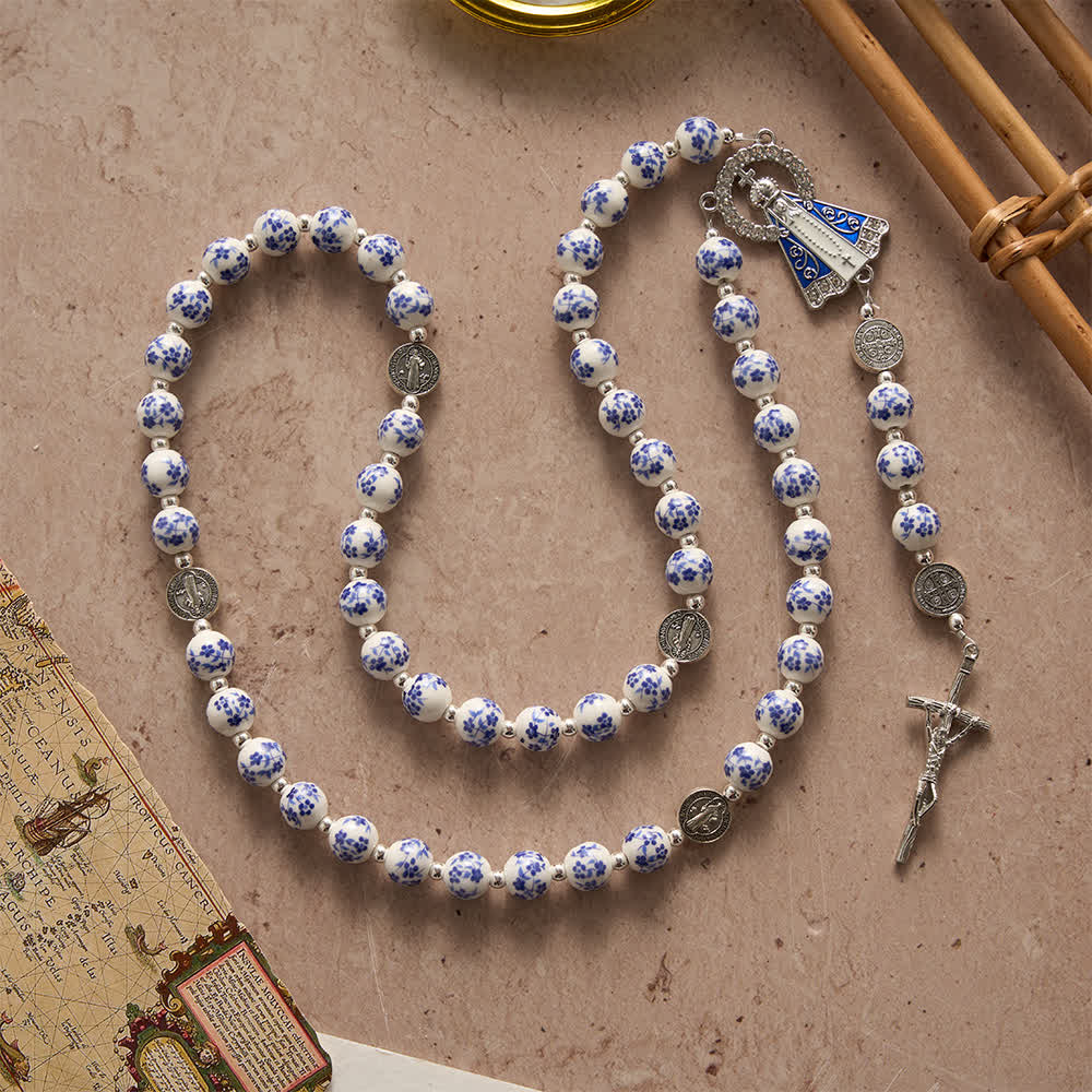 Christianartworkshop Blue & White Floral Ceramic Rosary with St. Benedict Medals & Our Lady - image 4