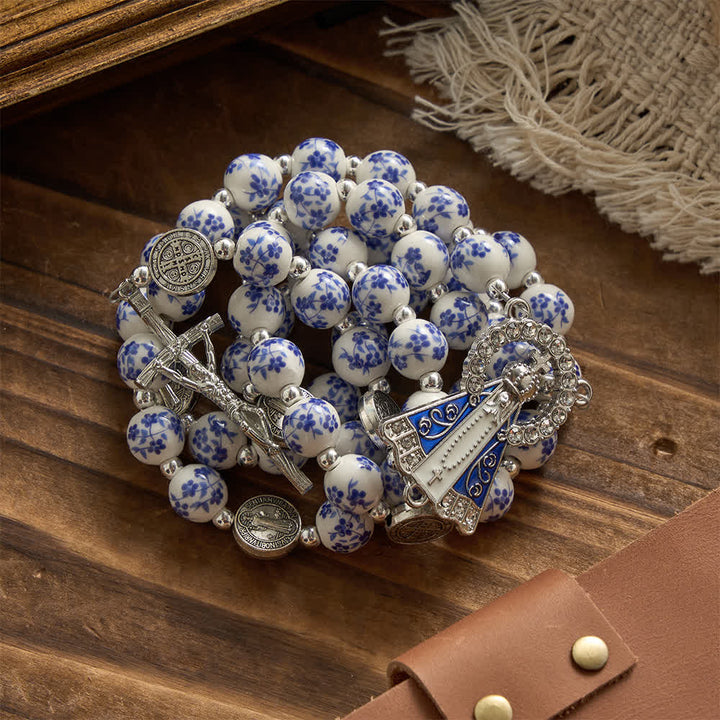 Christianartworkshop Blue & White Floral Ceramic Rosary with St. Benedict Medals & Our Lady - image 3