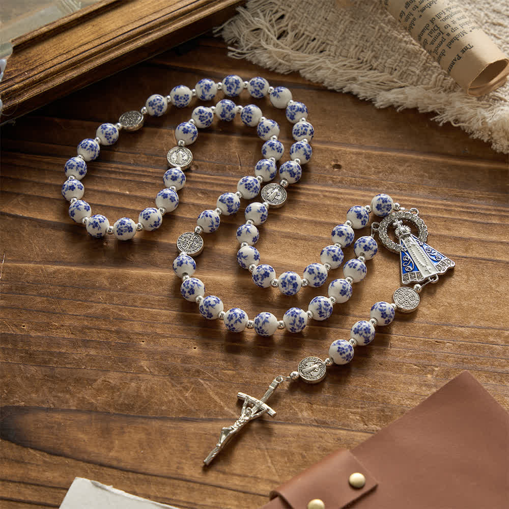 Christianartworkshop Blue & White Floral Ceramic Rosary with St. Benedict Medals & Our Lady - Our Lady & Crucifix - image 0