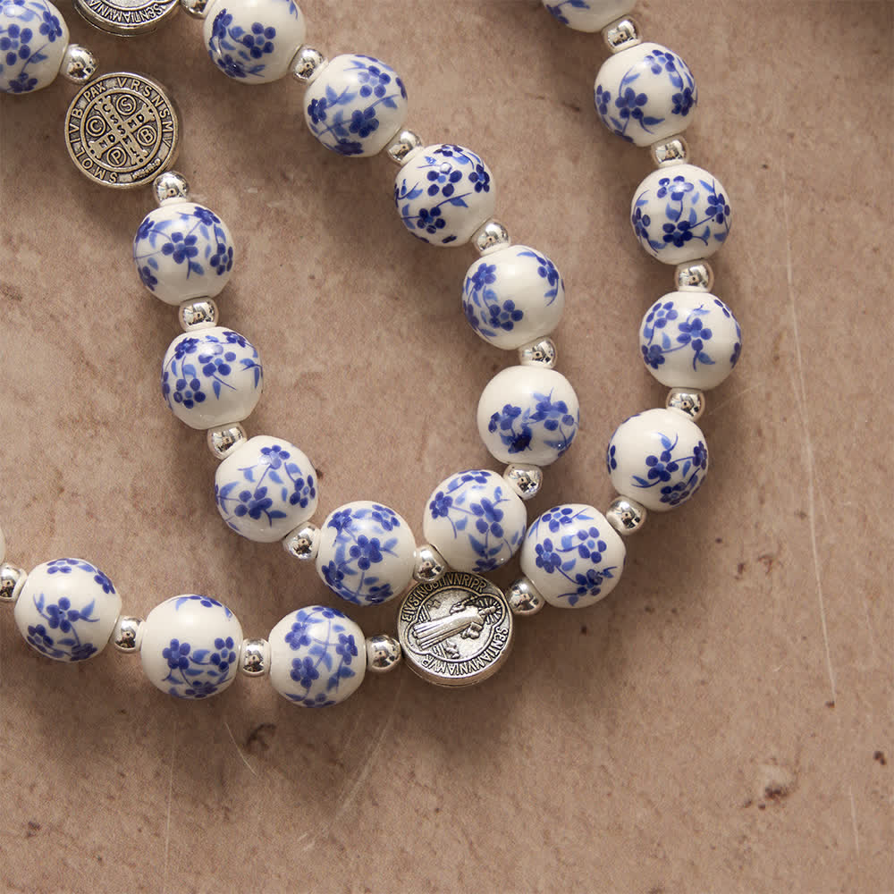 Christianartworkshop Blue & White Floral Ceramic Rosary with St. Benedict Medals & Our Lady - image 7