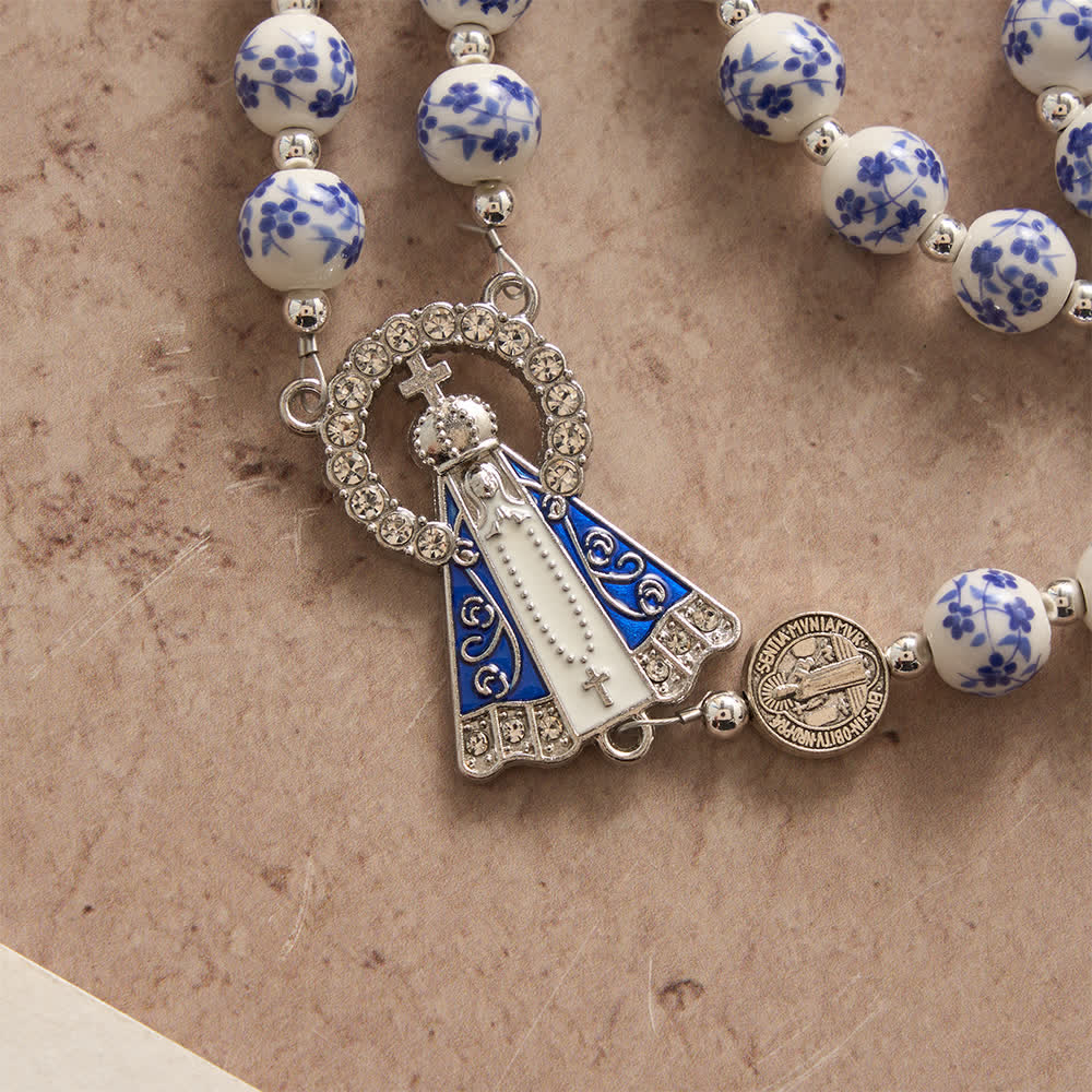 Christianartworkshop Blue & White Floral Ceramic Rosary with St. Benedict Medals & Our Lady - image 8