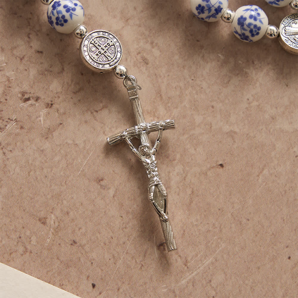 Christianartworkshop Blue & White Floral Ceramic Rosary with St. Benedict Medals & Our Lady - image 7