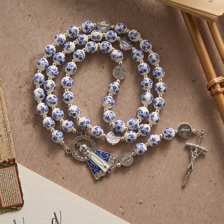 Christianartworkshop Blue & White Floral Ceramic Rosary with St. Benedict Medals & Our Lady - image 2