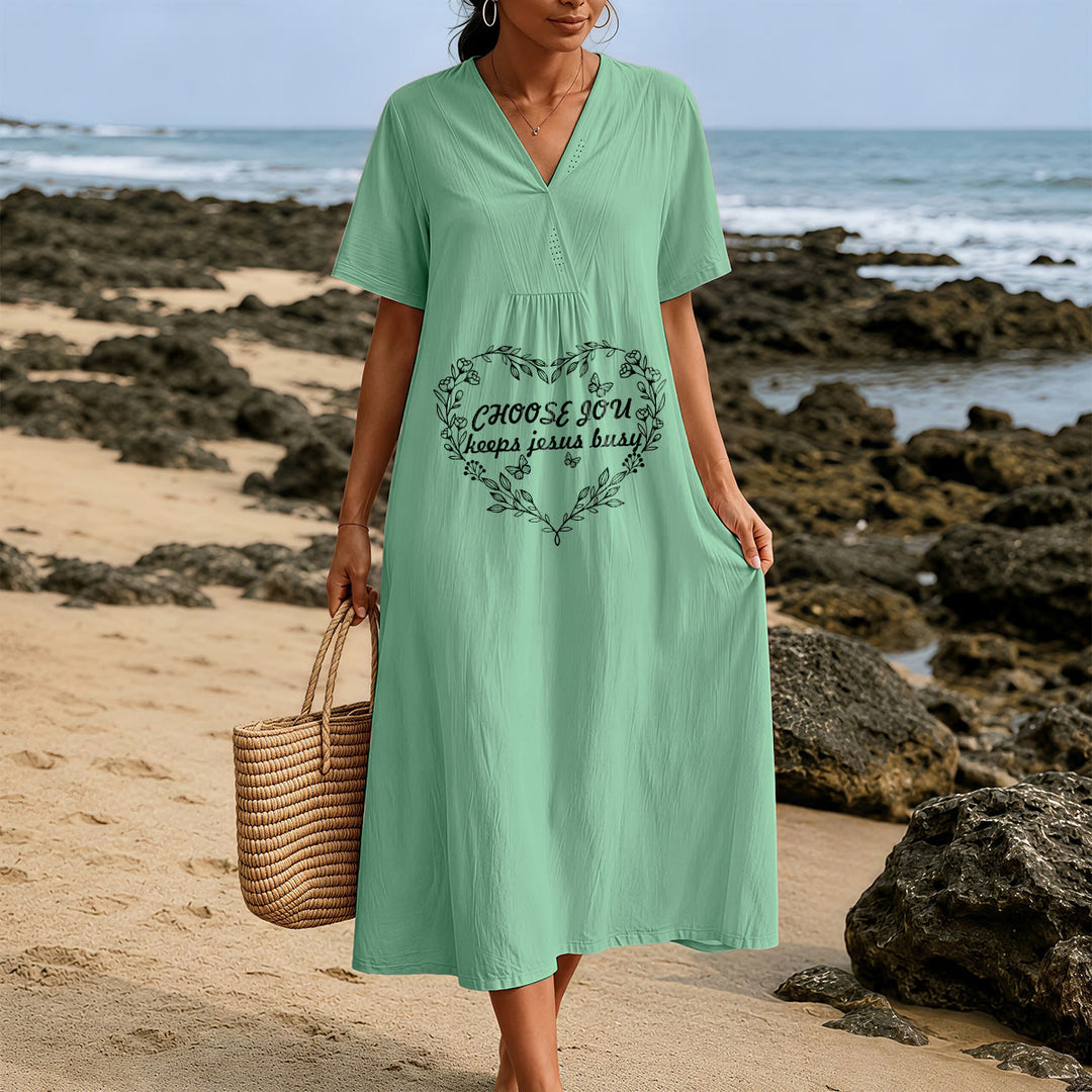 Christianartworkshop Plain Tone Love Scripture Rainbow Heart Slogan V-Neck Short Sleeve Midi Dress - image 9