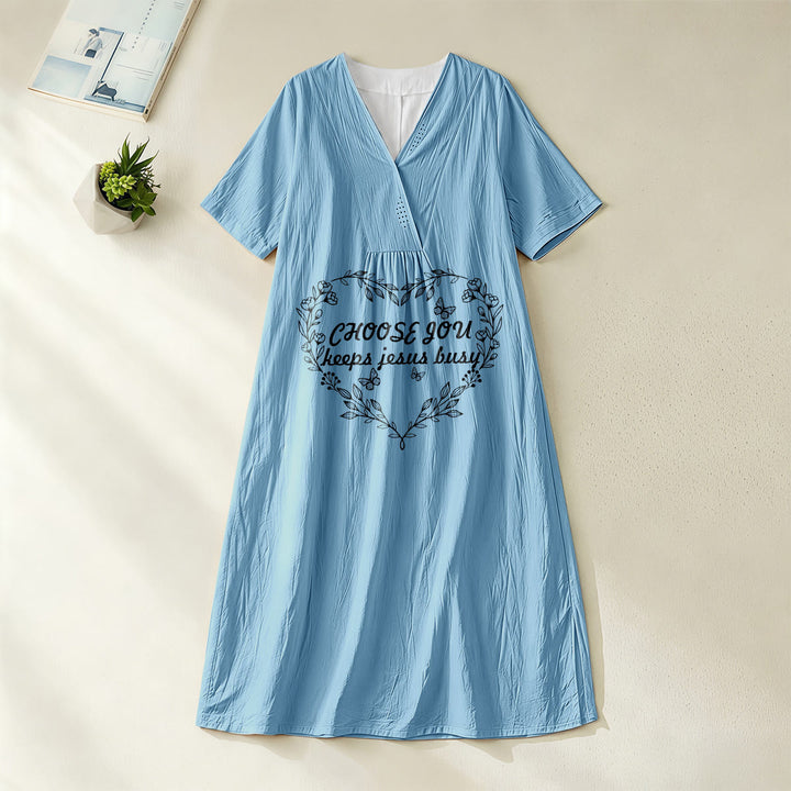 Christianartworkshop Plain Tone Love Scripture Rainbow Heart Slogan V-Neck Short Sleeve Midi Dress - Blue - 4XL - image 4