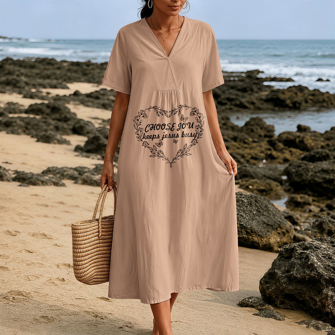 Christianartworkshop Plain Tone Love Scripture Rainbow Heart Slogan V-Neck Short Sleeve Midi Dress - image 1
