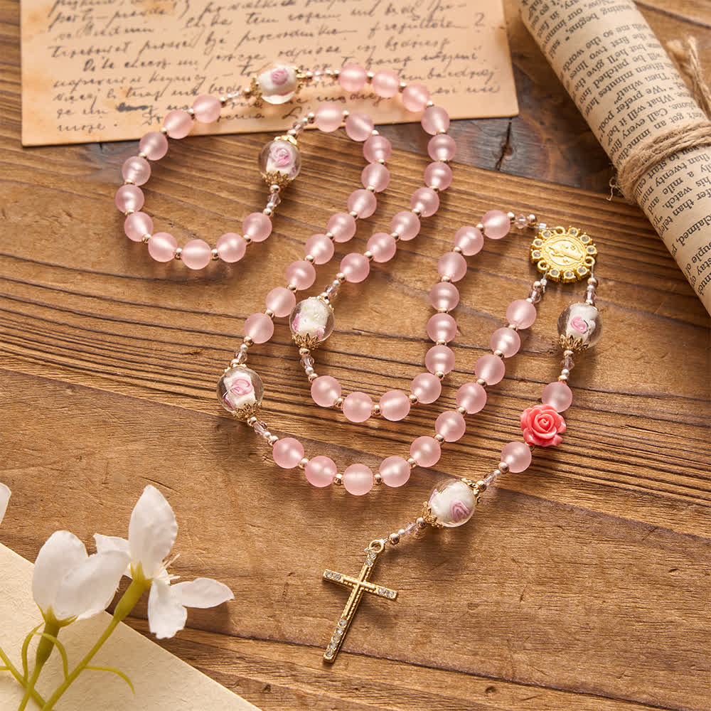 Christianartworkshop Soft Matte Pink Rosary with Delicate Rose Glass & St. Benedict Devotion - image 2