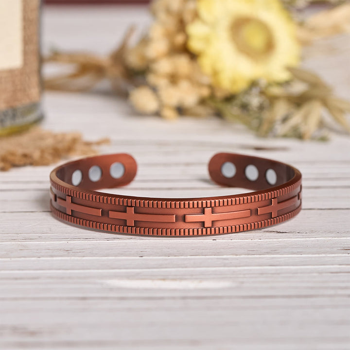 Christianartworkshop Adjustable Open Cuff Copper Bracelet with Embossed Full-Row Cross Motif & Inner Magnets - image 2