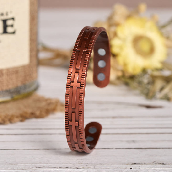Christianartworkshop Adjustable Open Cuff Copper Bracelet with Embossed Full-Row Cross Motif & Inner Magnets - image 4
