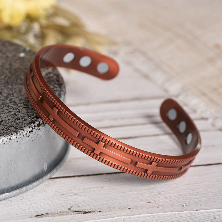 Christianartworkshop Adjustable Open Cuff Copper Bracelet with Embossed Full-Row Cross Motif & Inner Magnets - Bronze Cross Bangle - image 0