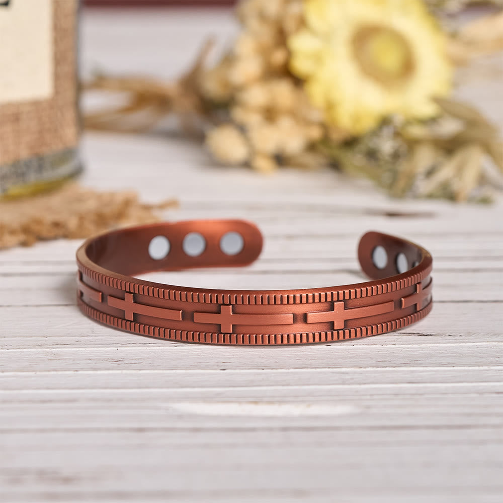 Christianartworkshop Adjustable Open Cuff Copper Bracelet with Embossed Full-Row Cross Motif & Inner Magnets - image 3