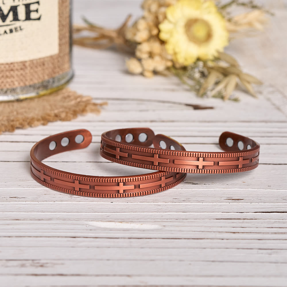 Christianartworkshop Adjustable Open Cuff Copper Bracelet with Embossed Full-Row Cross Motif & Inner Magnets - image 1