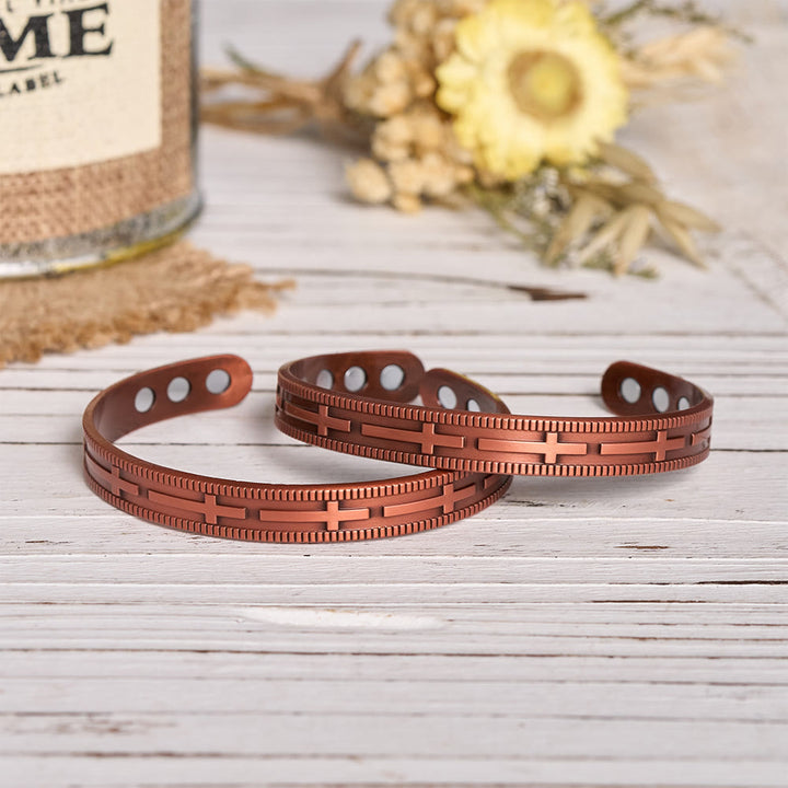 Christianartworkshop Adjustable Open Cuff Copper Bracelet with Embossed Full-Row Cross Motif & Inner Magnets - image 1