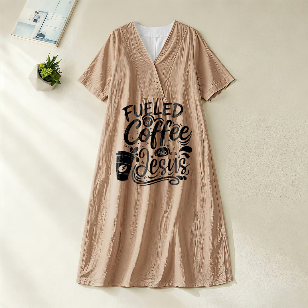 Christianartworkshop "Fueled by Coffee and Jesus" Calligraphy & Coffee Cup Print V-Neck Short Sleeve Midi Dress - Khaki - 4XL - image 0