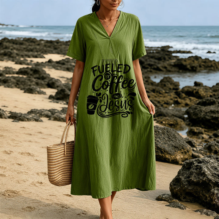 Christianartworkshop "Fueled by Coffee and Jesus" Calligraphy & Coffee Cup Print V-Neck Short Sleeve Midi Dress - image 13