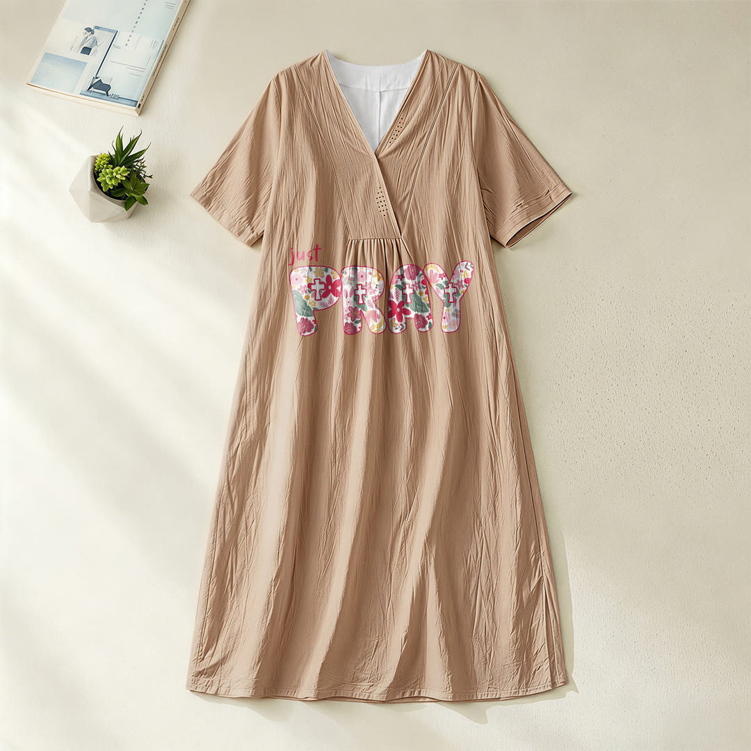 Christianartworkshop Floral & Cross Pattern "Just Pray" Statement V-Neck Short Sleeve Midi Dress - Khaki - 4XL - image 12