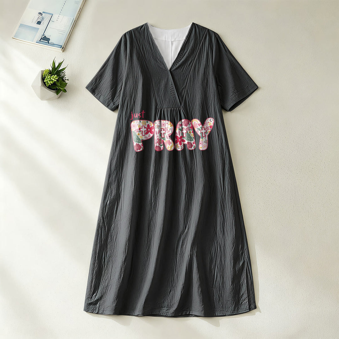Christianartworkshop Floral & Cross Pattern "Just Pray" Statement V-Neck Short Sleeve Midi Dress - Black - 4XL - image 16
