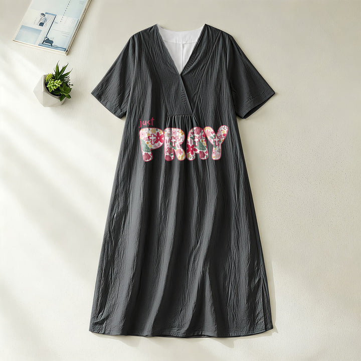 Christianartworkshop Floral & Cross Pattern "Just Pray" Statement V-Neck Short Sleeve Midi Dress - Black - 4XL - image 16