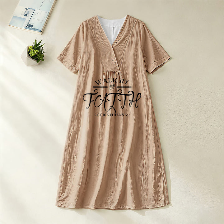 Christianartworkshop "Walk by Faith" 2 Corinthians 5:7 Scripture Print V-Neck Short Sleeve Midi Dress - Khaki - 4XL - image 16