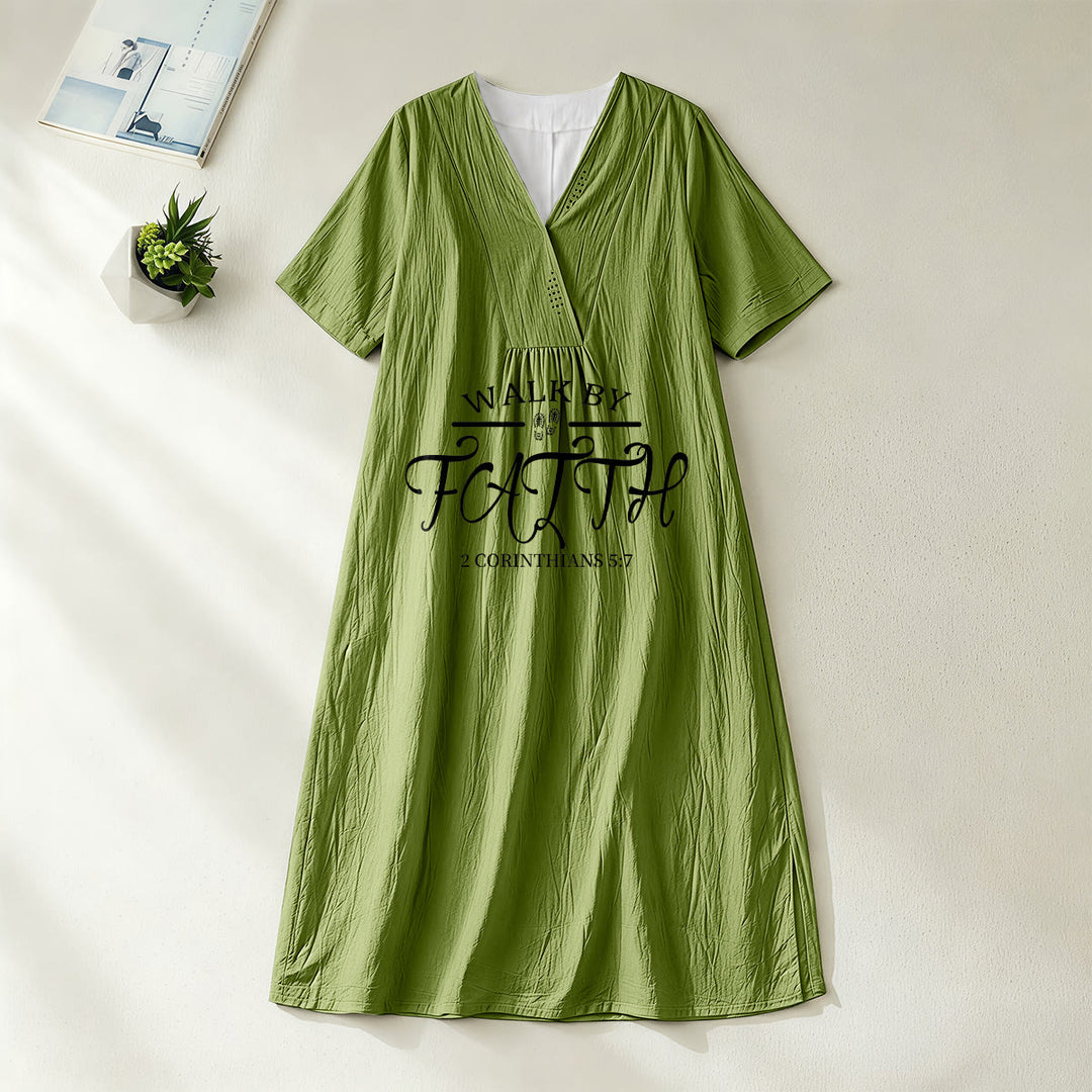 Christianartworkshop "Walk by Faith" 2 Corinthians 5:7 Scripture Print V-Neck Short Sleeve Midi Dress - Olive Green - 4XL - image 12