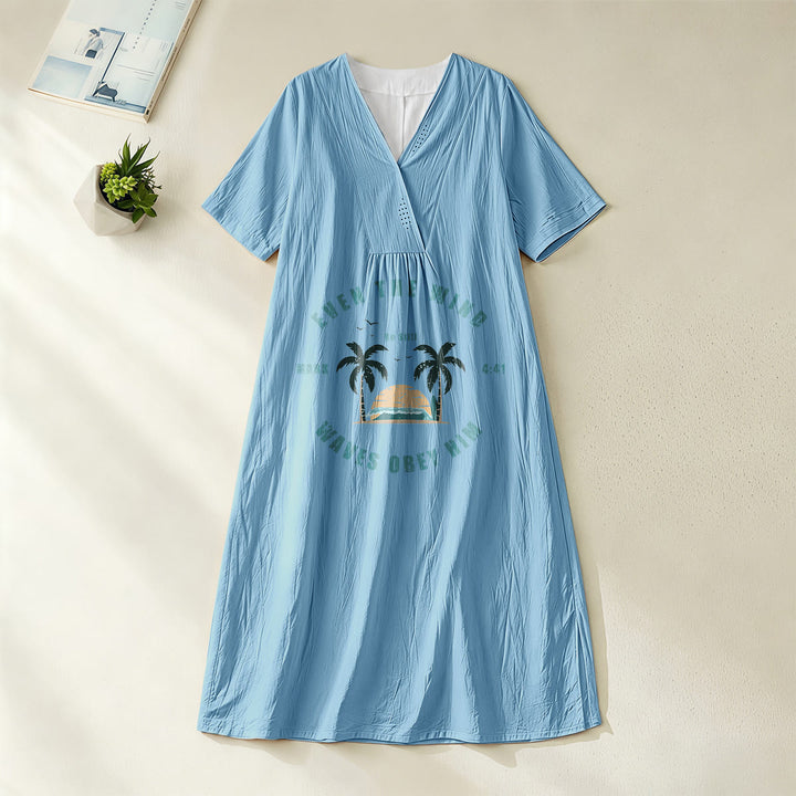 Christianartworkshop Coastal Faith Verse Palm Tree & Sunset Graphic V-Neck Short Sleeve Midi Dress - Blue - 4XL - image 0