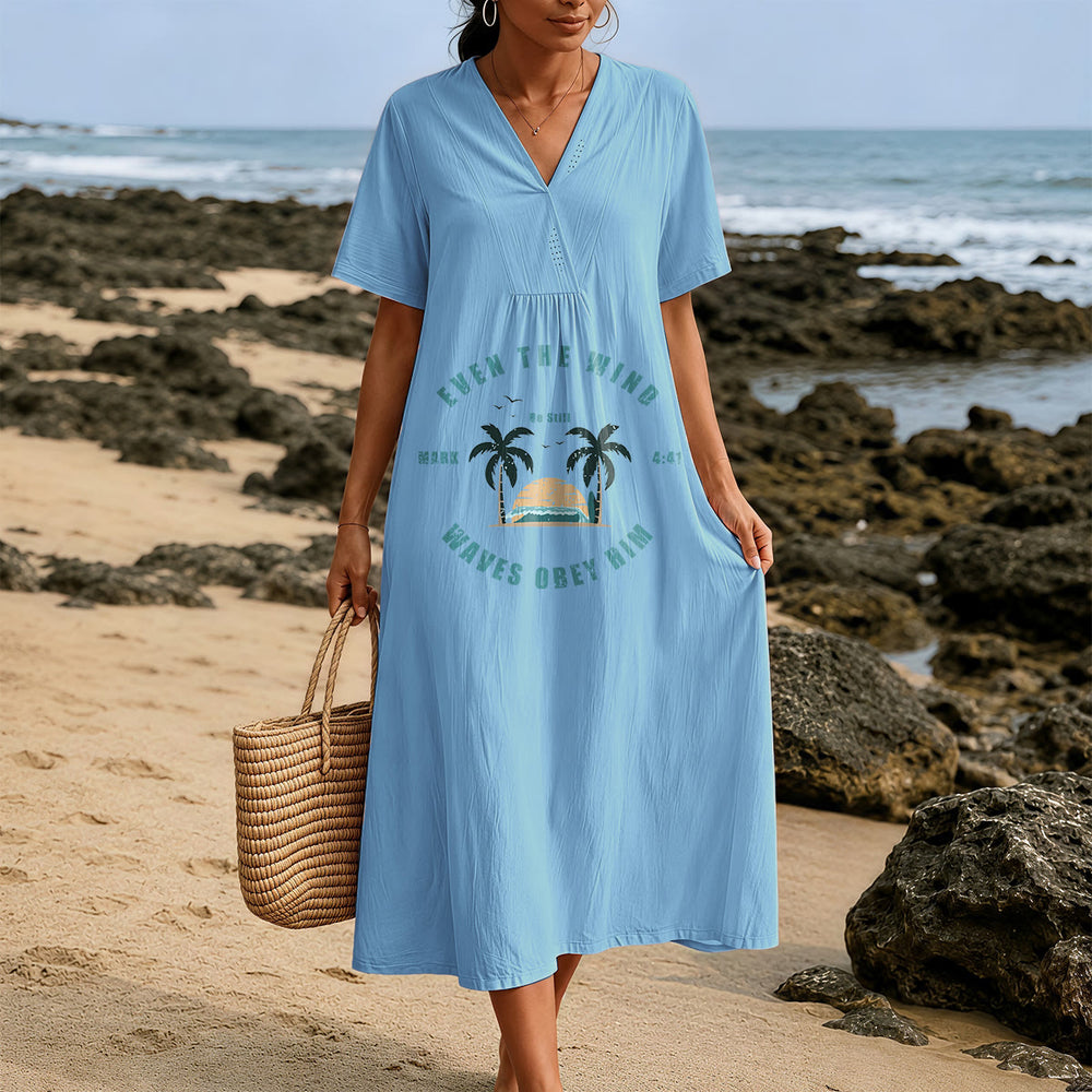 Christianartworkshop Coastal Faith Verse Palm Tree & Sunset Graphic V-Neck Short Sleeve Midi Dress - image 1