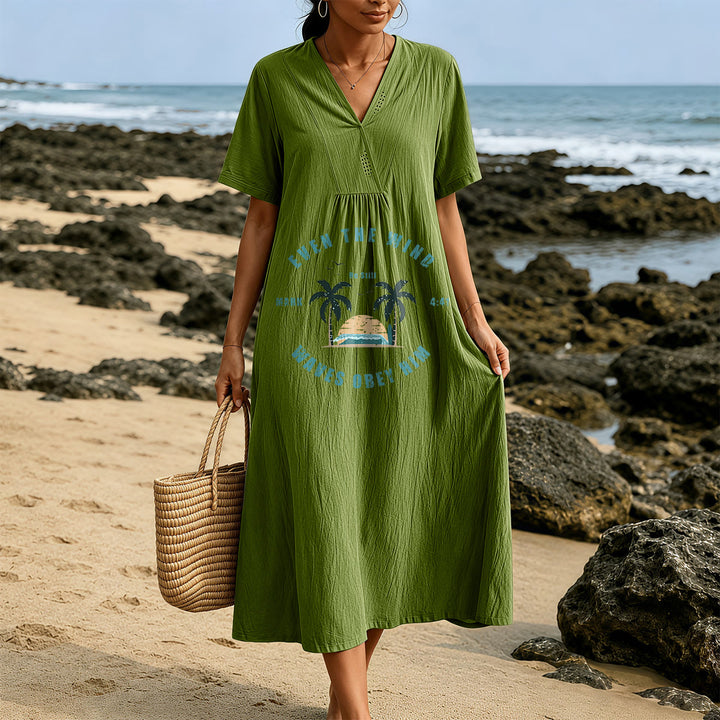 Christianartworkshop Coastal Faith Verse Palm Tree & Sunset Graphic V-Neck Short Sleeve Midi Dress - image 9