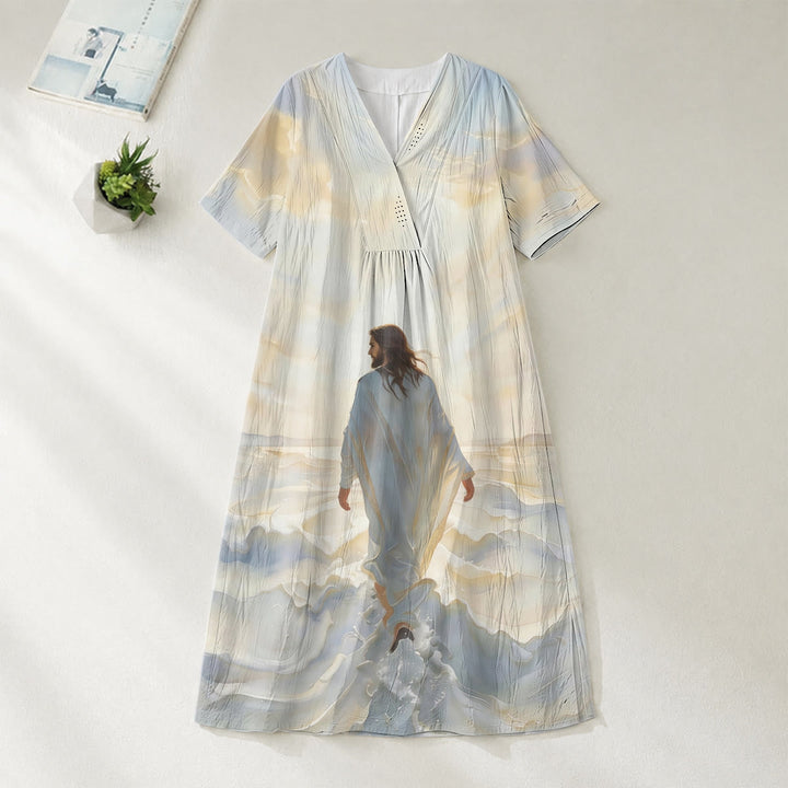 Christianartworkshop Faithful "Jesus Walks On Water" Scenic V-Neck Short Sleeve Midi Dress - 4XL - image 1