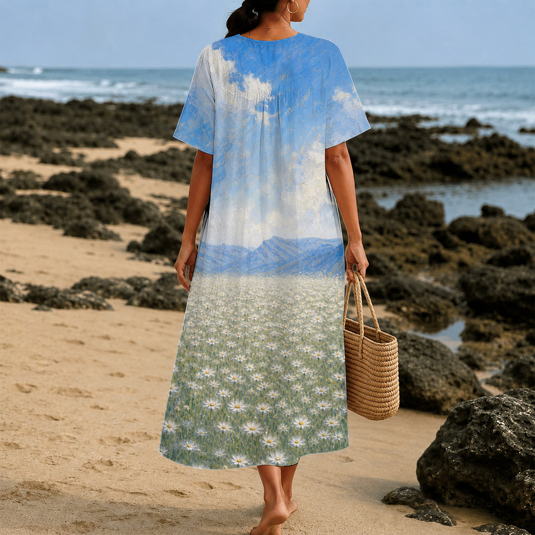 Christianartworkshop Jesus Hugging Child In Daisy Field Art Print V-Neck Short Sleeve Midi Dress - image 3