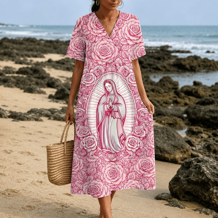 Christianartworkshop "Our Lady of Guadalupe" & Roses Devotional V-Neck Short Sleeve Midi Dress - image 1