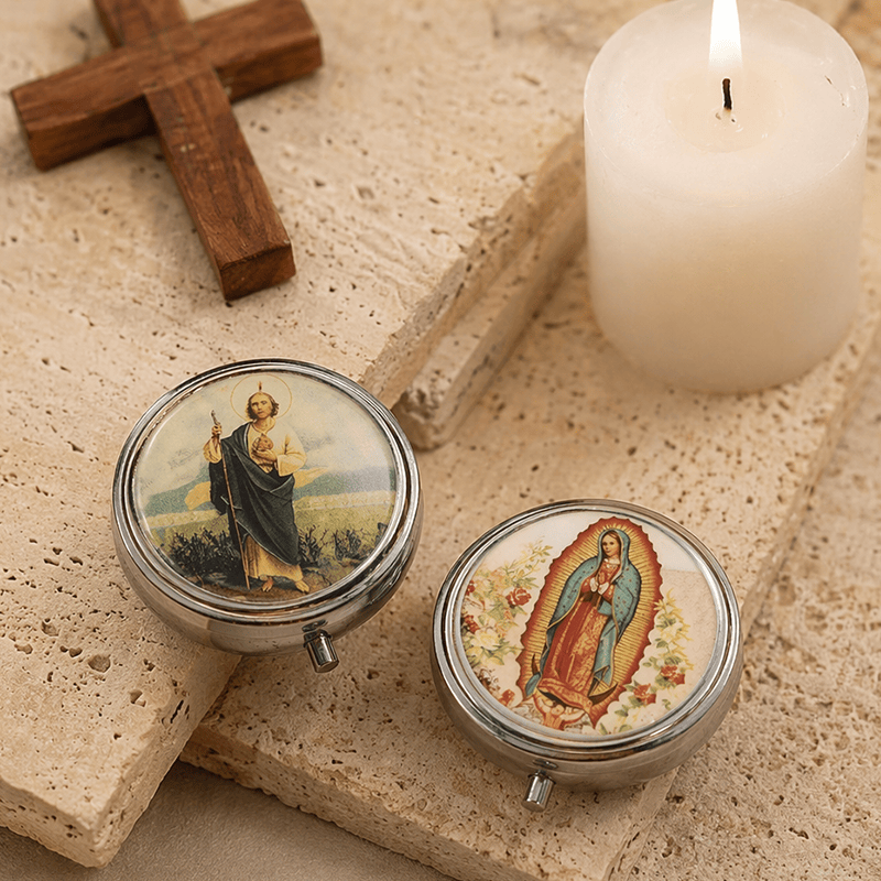 Christianartworkshop Vintage St. Jude & Our Lady of Guadalupe Epoxy Top Rosary Case: A Symbol of Sacred Protection & Devotional Faith - image 1