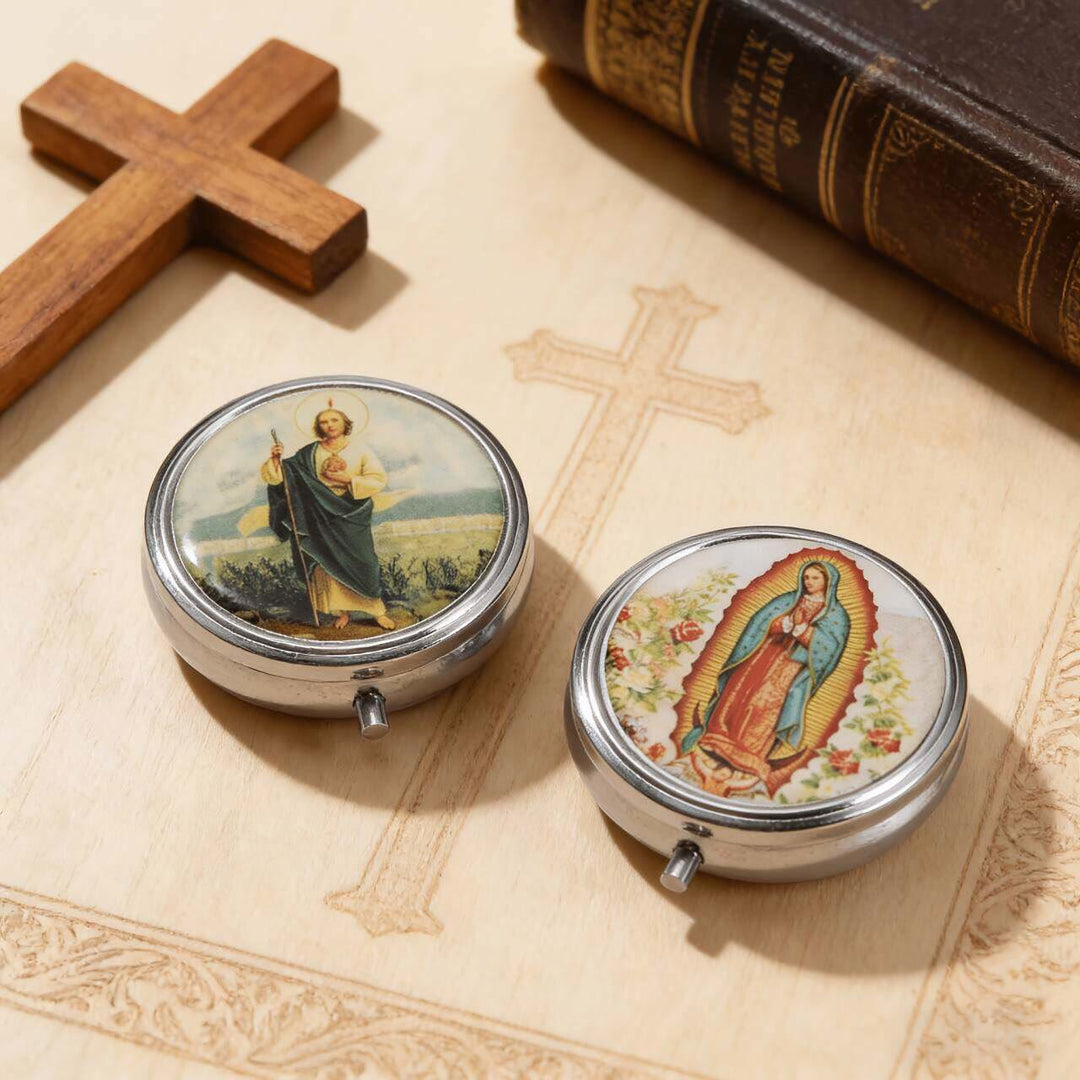 Christianartworkshop Vintage St. Jude & Our Lady of Guadalupe Epoxy Top Rosary Case: A Symbol of Sacred Protection & Devotional Faith - image 0