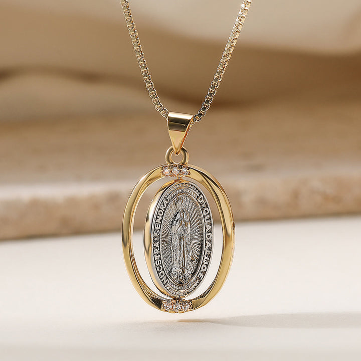 Christianartworkshop Reversible Spinning Oval Pendant Necklace with Our Lady of Guadalupe & Sacred Heart Designs - Silver - image 3